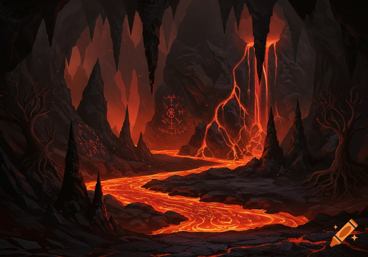 A dark fantasy cave landscape with glowing rivers of lava, sharp rock formations, and ancient symbols on the walls.