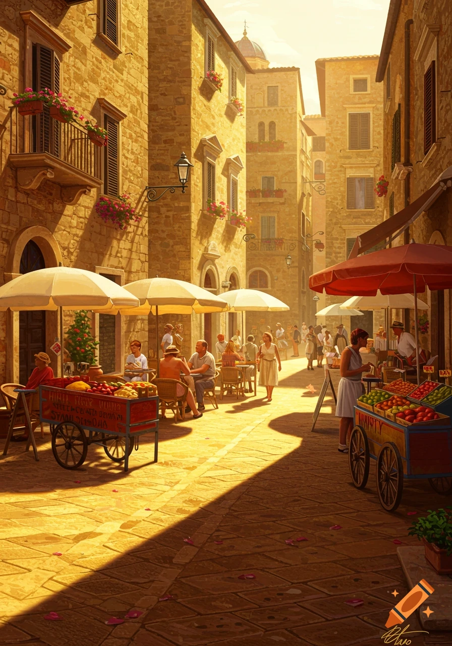 A bustling street scene in a sunny European-style town square, with stone buildings, outdoor cafes, and market stalls selling fruits and vegetables.