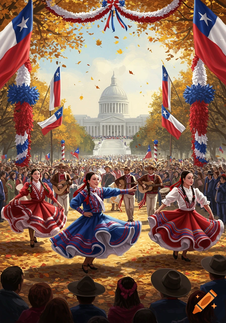 Women in traditional Chilean dresses dance at an outdoor cultural festival with flags, musicians, and a crowd, with a domed building in the background.