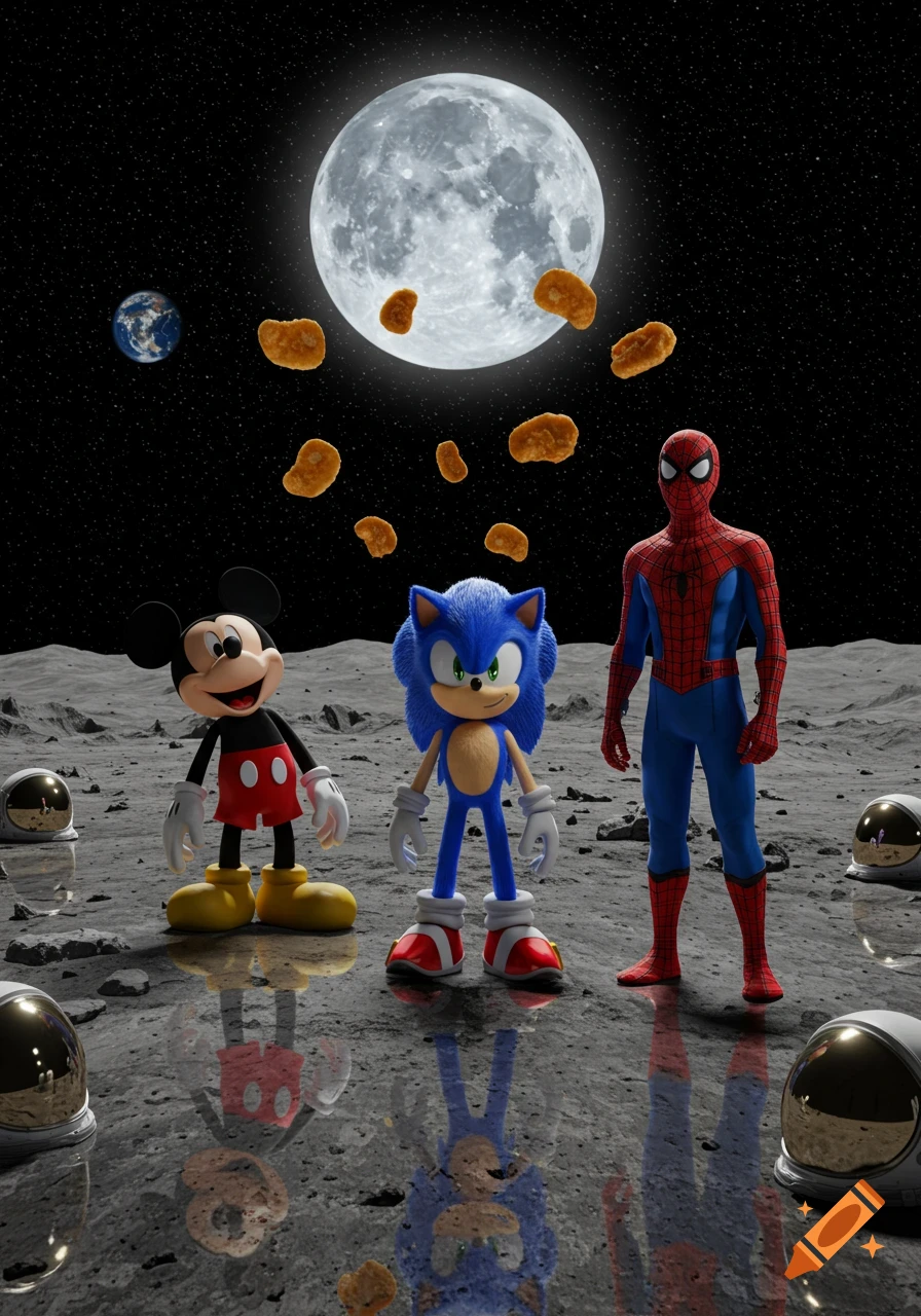 Mickey Mouse, Sonic, and Spider-Man on the moon, with floating chicken nuggets, a large moon, and Earth.