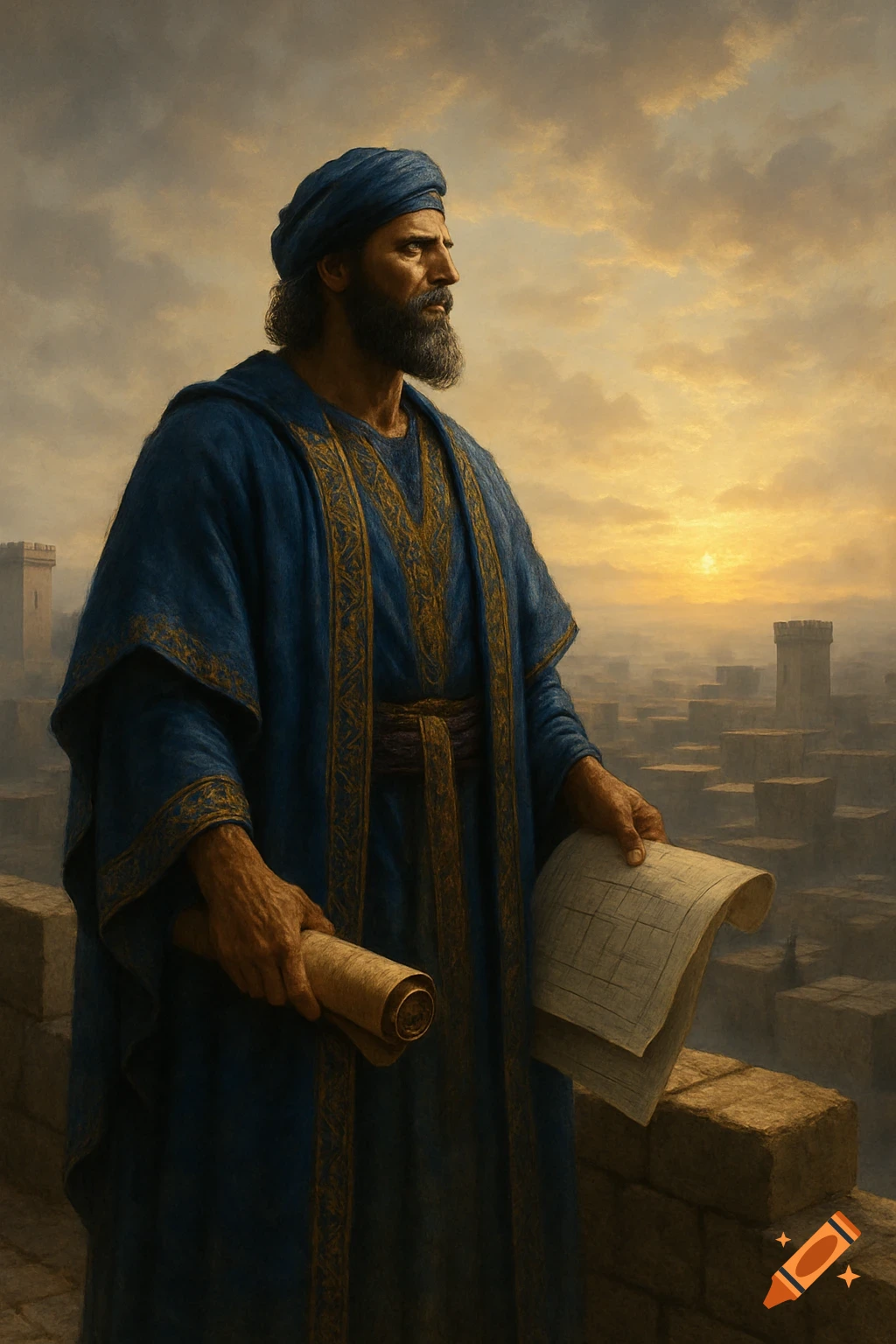 A bearded man in a blue robe and turban holds scrolls, looking over an ancient city at sunset in a painterly style.