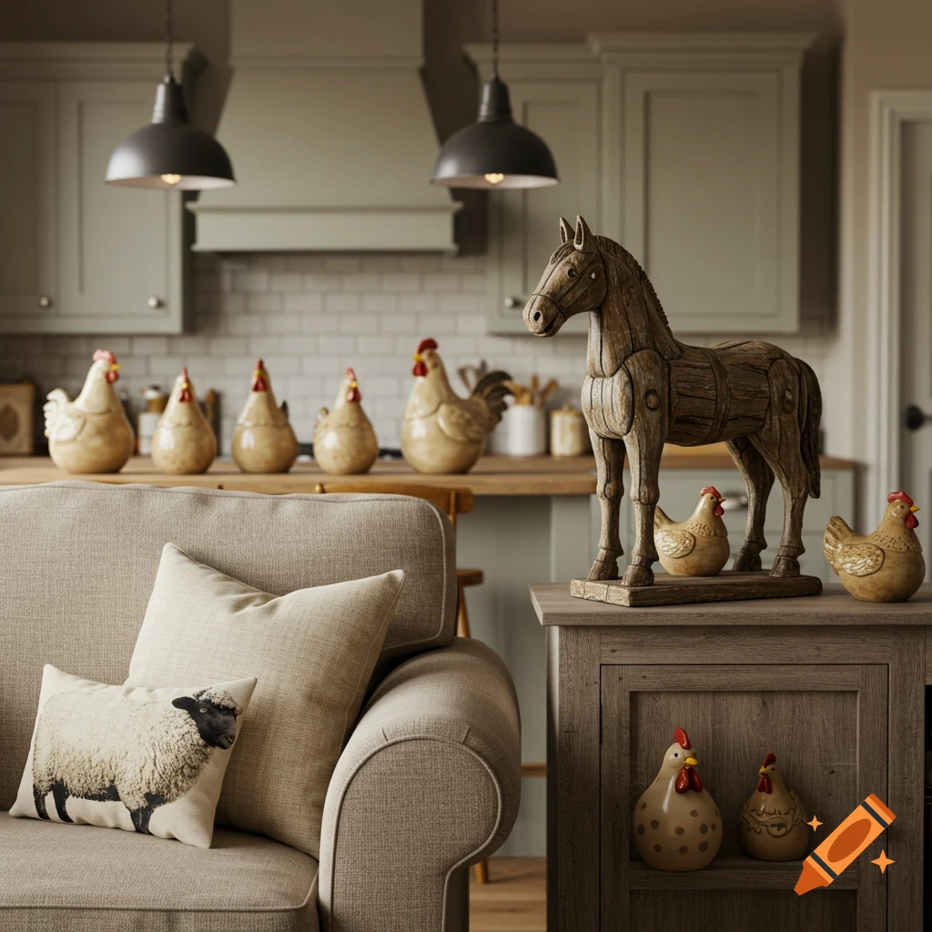 A cozy living room with rustic farm animal decor, including a wooden horse sculpture, ceramic chickens, and a sheep pillow on a beige sofa.