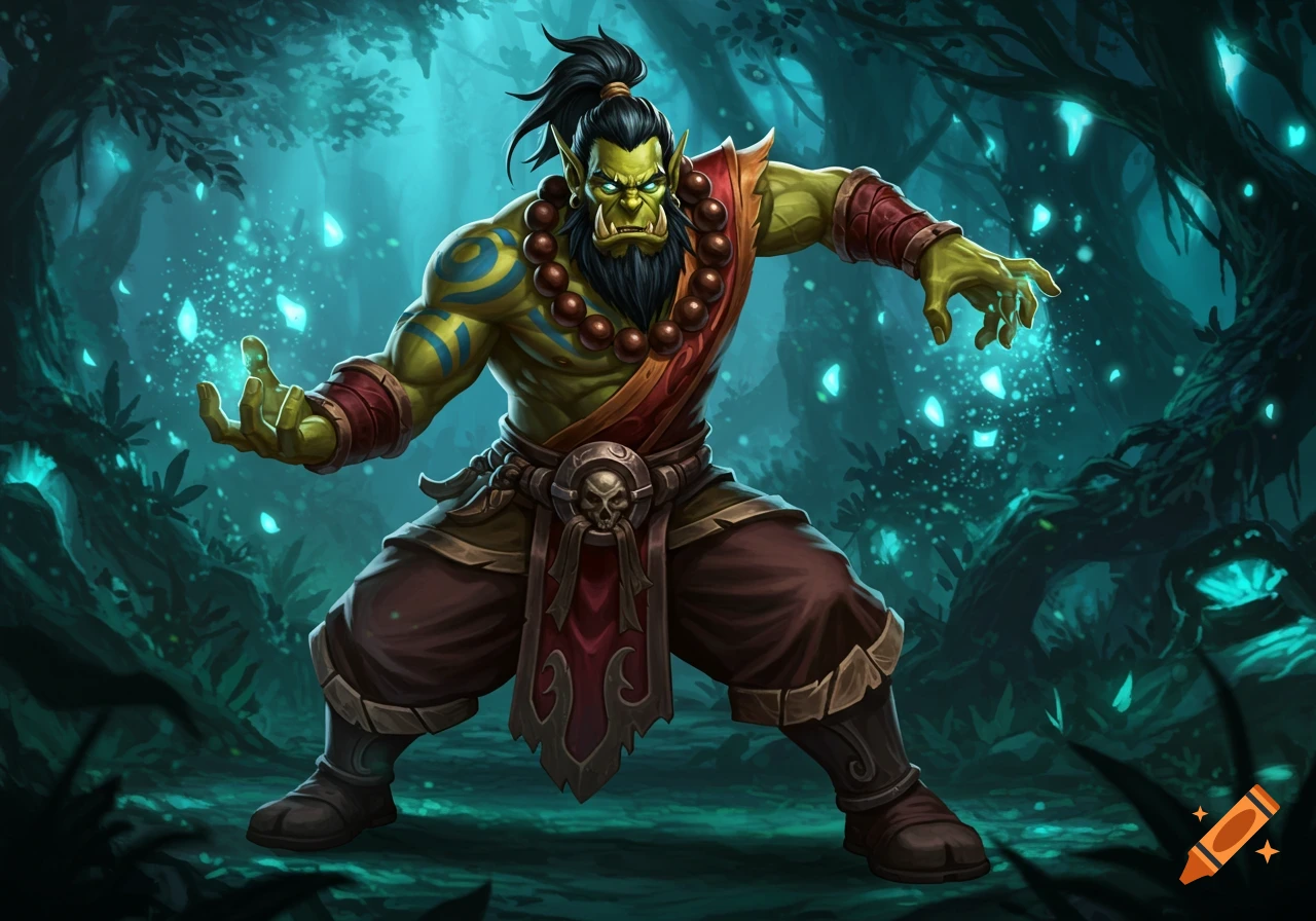 An imposing green orc monk with a top knot, beard, and red robes stands in a mystical blue-green forest, casting magic.