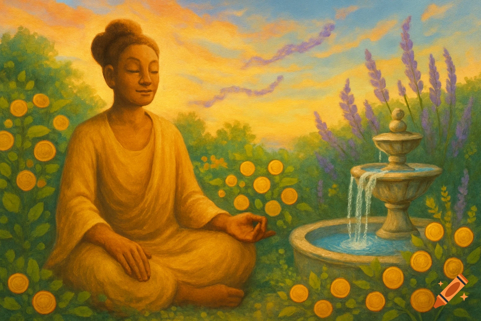 A serene, golden-skinned figure meditates in a cross-legged pose in a lush, green garden with a stone fountain and yellow circular fruits. The sky is a warm orange and blue with purple wisps, in a painterly style.