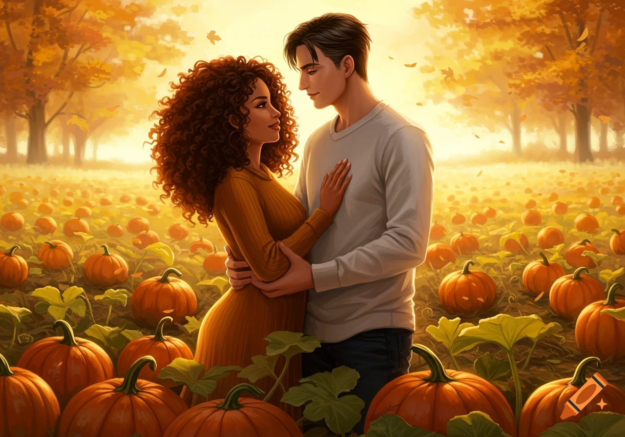 A beautiful black woman and a handsome white man embracing in a sunlit autumn pumpkin patch, gazing at each other lovingly. Digital art.
