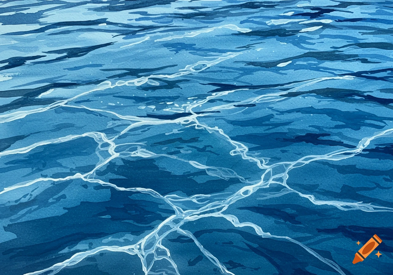 Semi-abstract painting of blue water with white light reflections and shadows, showing varying shades of blue.