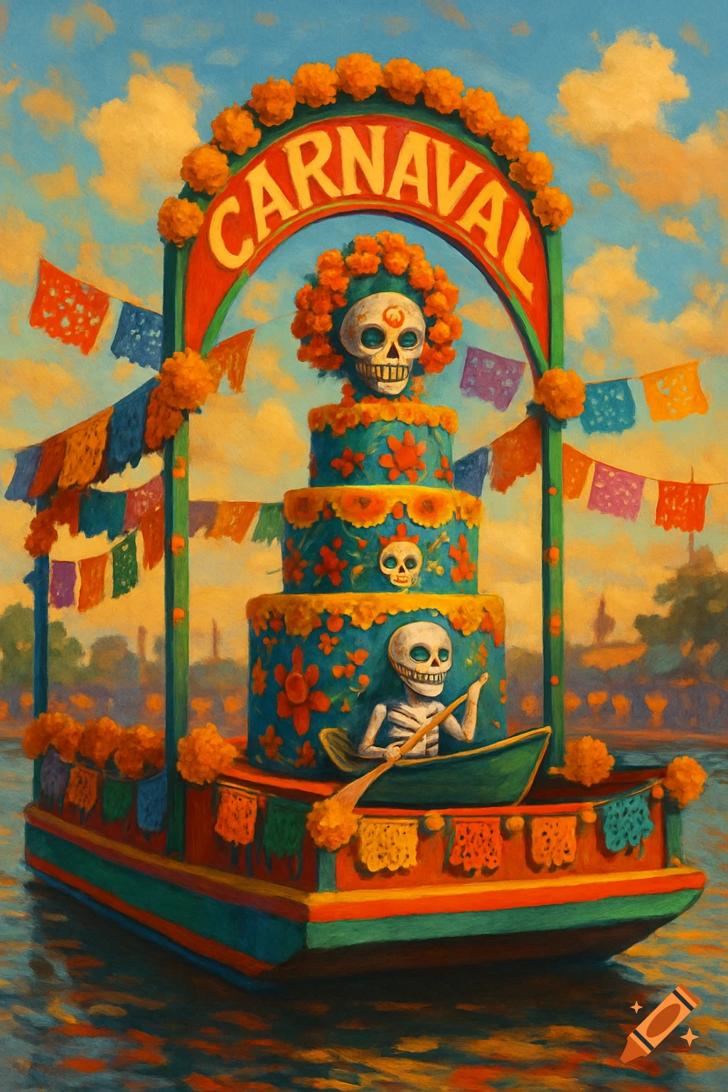 Painterly depiction of a vibrant Mexican carnival float with a 'Day of the Dead' cake, calaveras, marigolds, and 'CARNAVAL' arch on water.