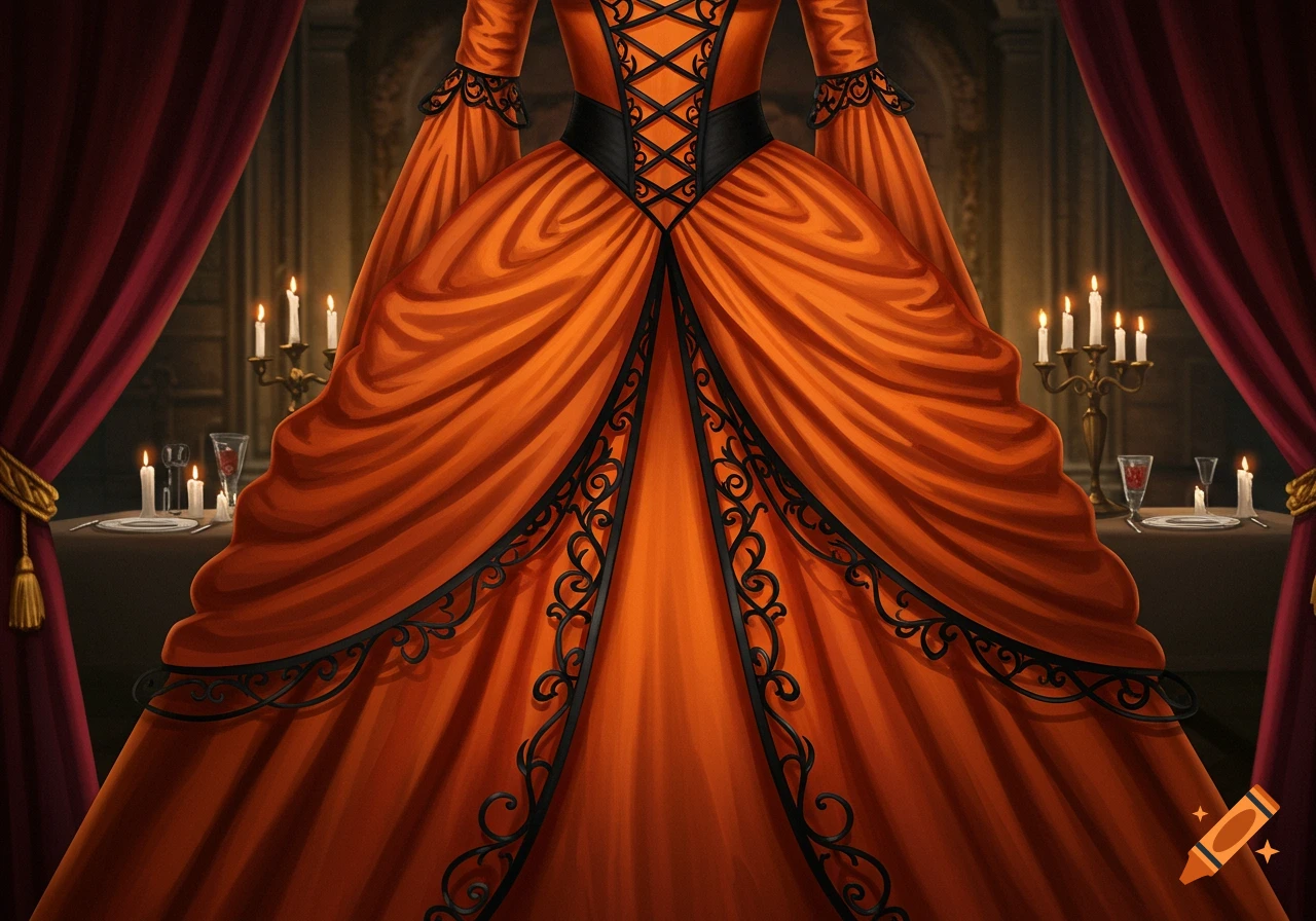 A richly detailed orange gothic dress with black lacing and trim, set against a background of red curtains and a candlit table.