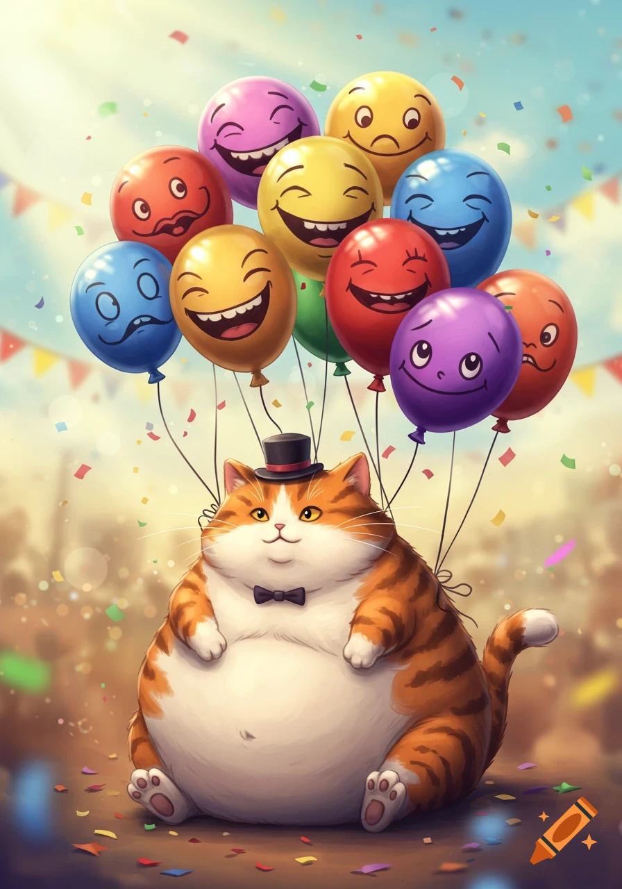 A portly orange tabby cat in a top hat and bowtie holds a bouquet of festive, expressive balloons amid falling confetti.