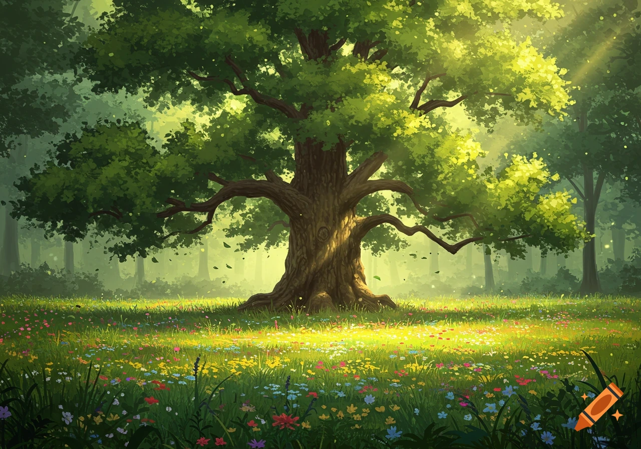 A vibrant illustration of a majestic old tree in a sunlit forest clearing, surrounded by a meadow of colorful wildflowers.