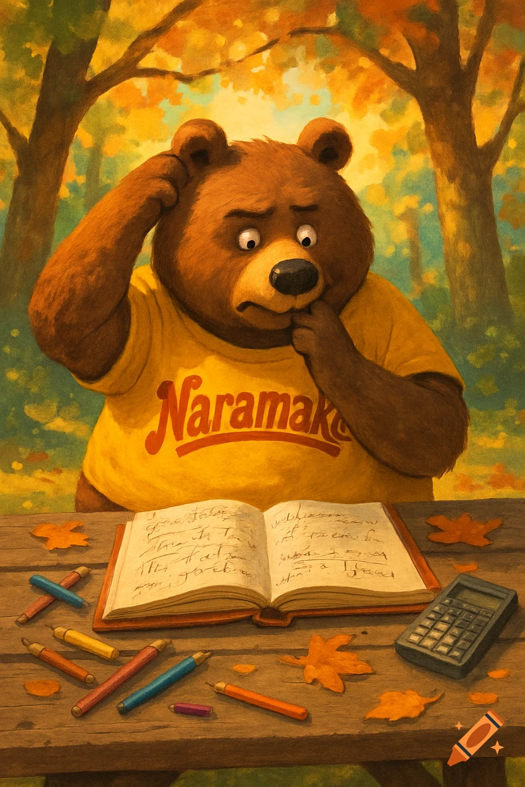 A cartoon bear in a yellow t-shirt that says "Naramake" sits at a wooden table in an autumn forest, looking perplexed over an open book with crayons and a calculator.