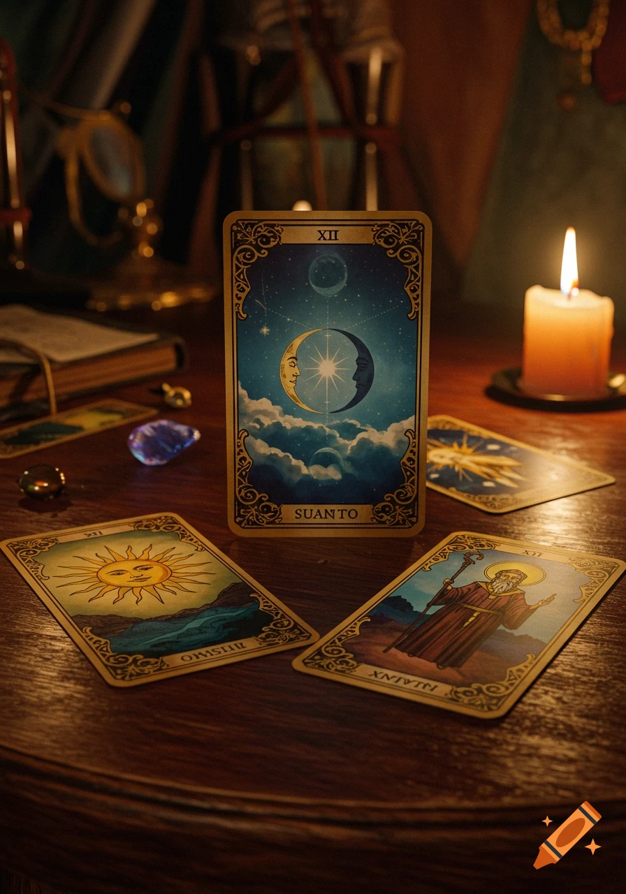 Tarot card spread on a wooden table, illuminated by a candle, with mystical and celestial symbols.