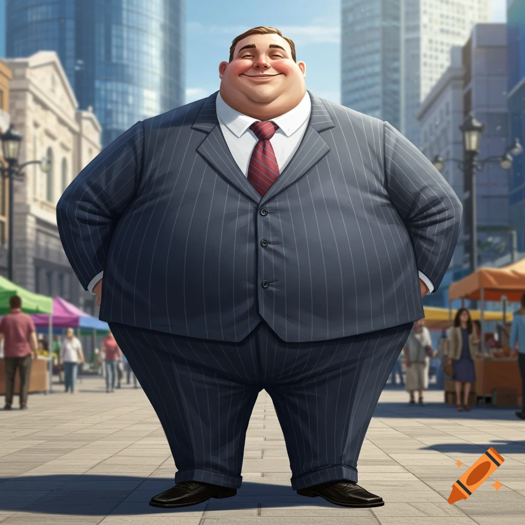 A smiling, very large man in a pinstripe suit and red tie stands on a city street with tall buildings and market stalls.