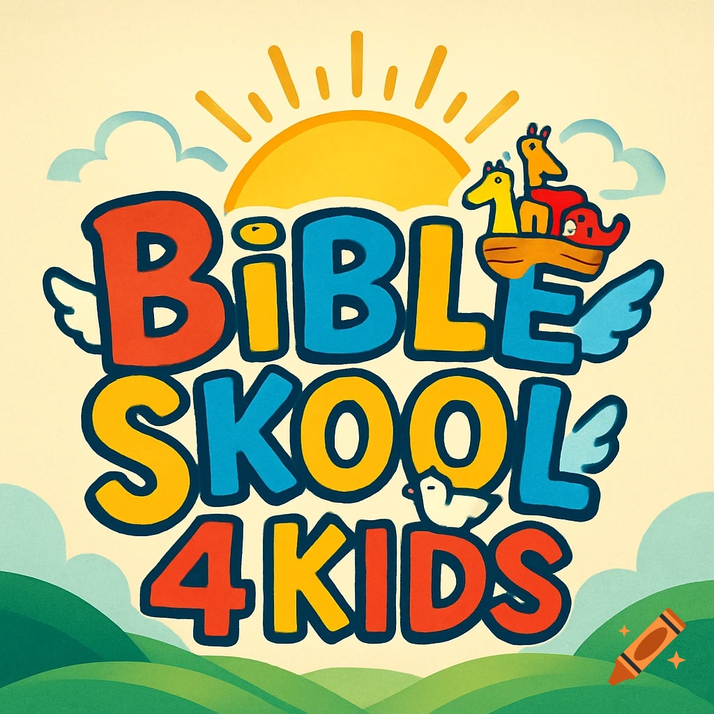 Colorful cartoon logo for Bible Skool 4 Kids with sun, clouds, hills, a dove, and Noah's Ark carrying a giraffe and elephant.