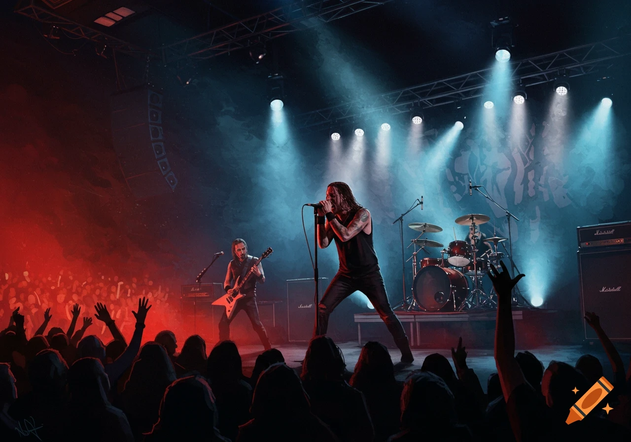A rock band performs on stage under dramatic red and blue spotlights, with a crowd cheering in the foreground.