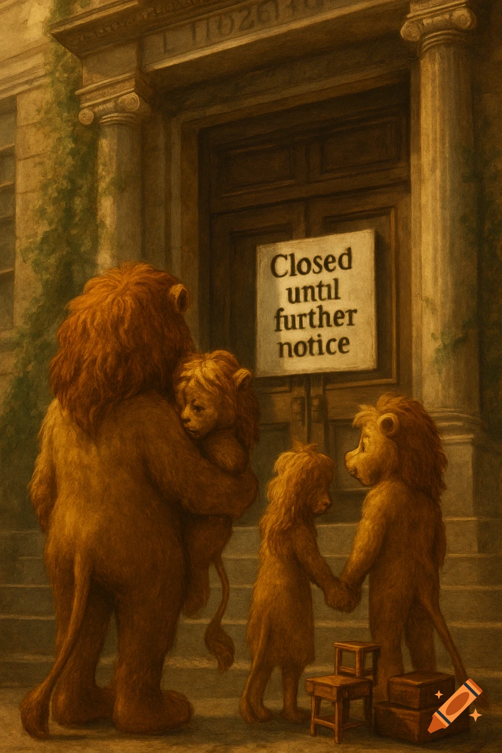A family of sad anthropomorphic lions, including an adult holding a cub and two cubs holding hands, stand before a grand, old library with a 'Closed until further notice' sign on its door. Small furniture items are at their feet. Painterly style.