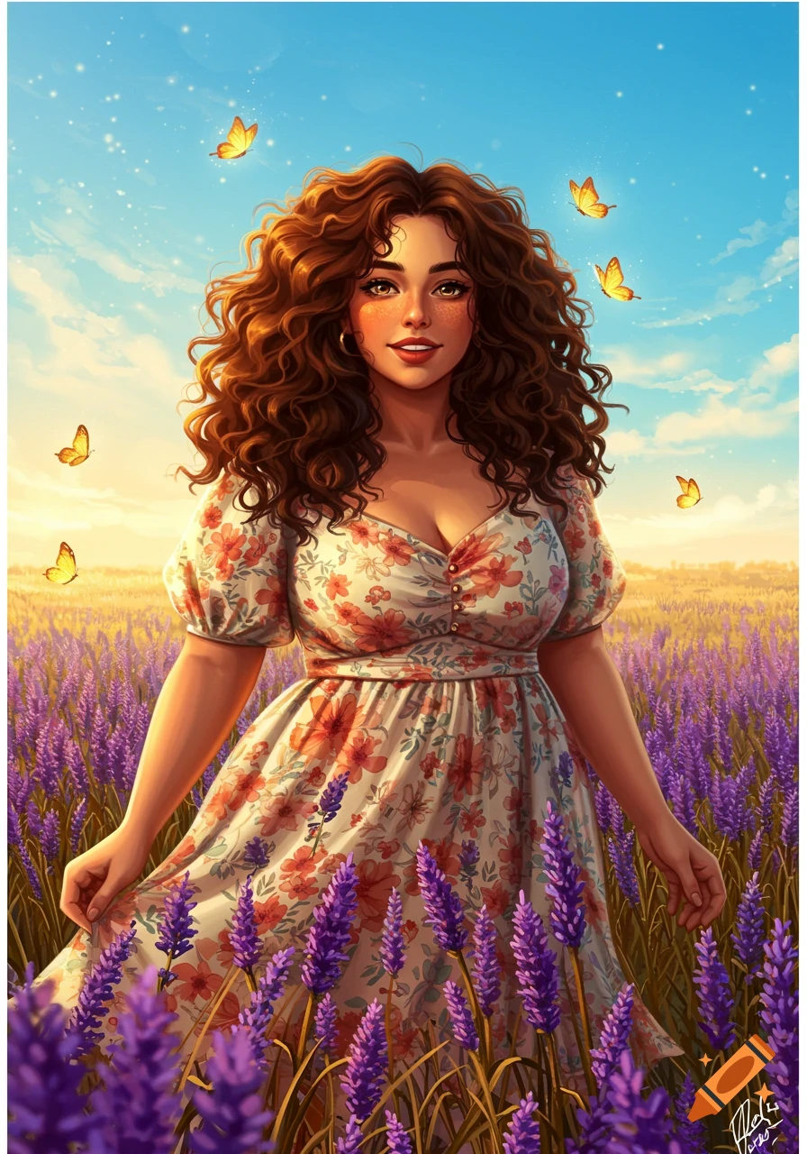 Digital art of a beautiful young woman in a floral dress in a lavender field with golden butterflies under a sunny sky.