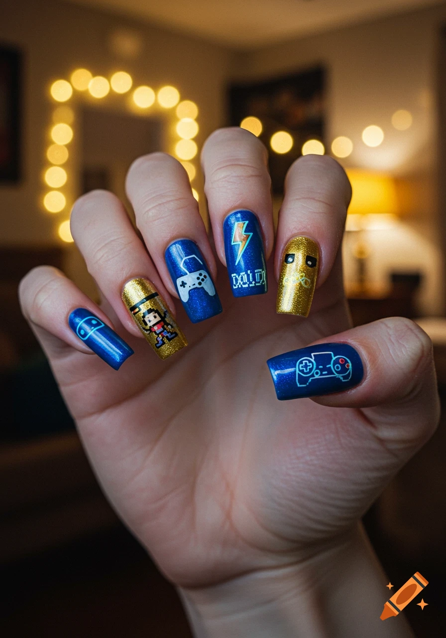 A hand with long blue and gold nails, each decorated with game-themed art, including a gamepad, pixelated character, and lightning bolt.