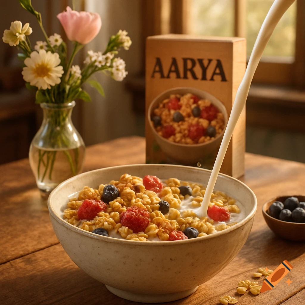 Photorealistic image of milk pouring into a bowl of cereal with blueberries and raspberries, next to an 'AARYA' cereal box.