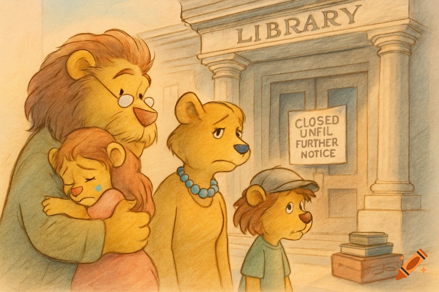 A sad anthropomorphic lion family, including a father holding a crying cub, stands before a closed library with books and suitcases in a 2D drawing.