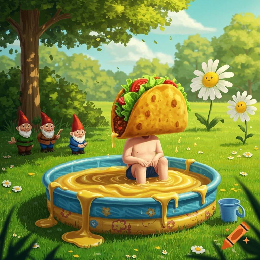 Whimsical illustration of a boy with a taco for a head sadly sitting in a kiddie pool of mustard, watched by garden gnomes and smiling daisies.