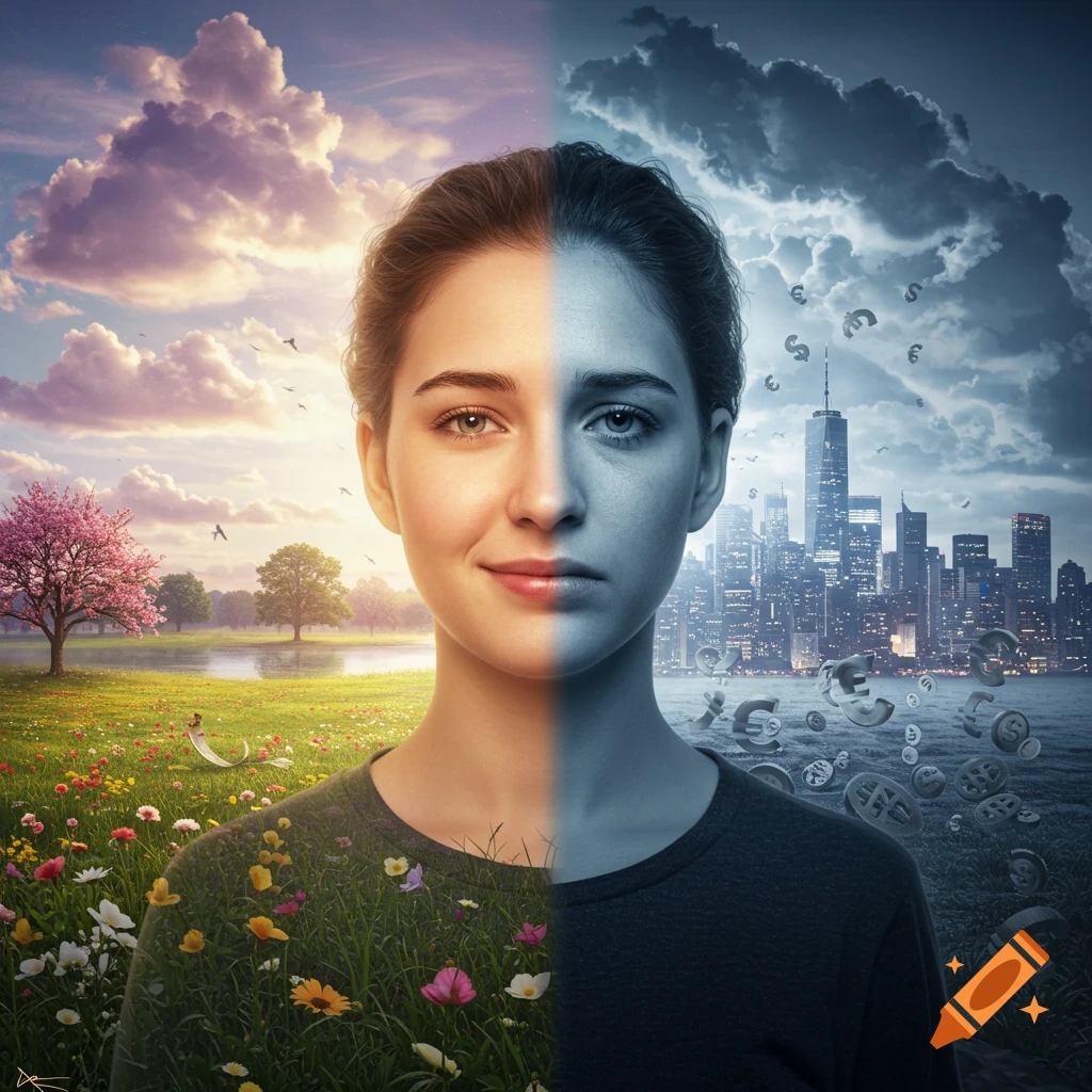 Photorealistic portrait of a woman, half in a vibrant natural landscape, half in a dark city with currency symbols, depicting duality.