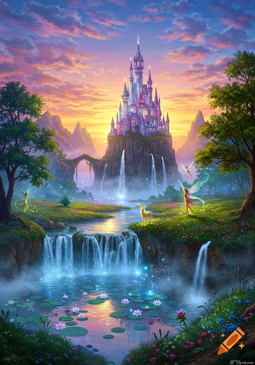 Vibrant fantasy landscape with a glowing purple castle on a cliff, waterfalls, a golden deer, and fairies under a sunset sky.