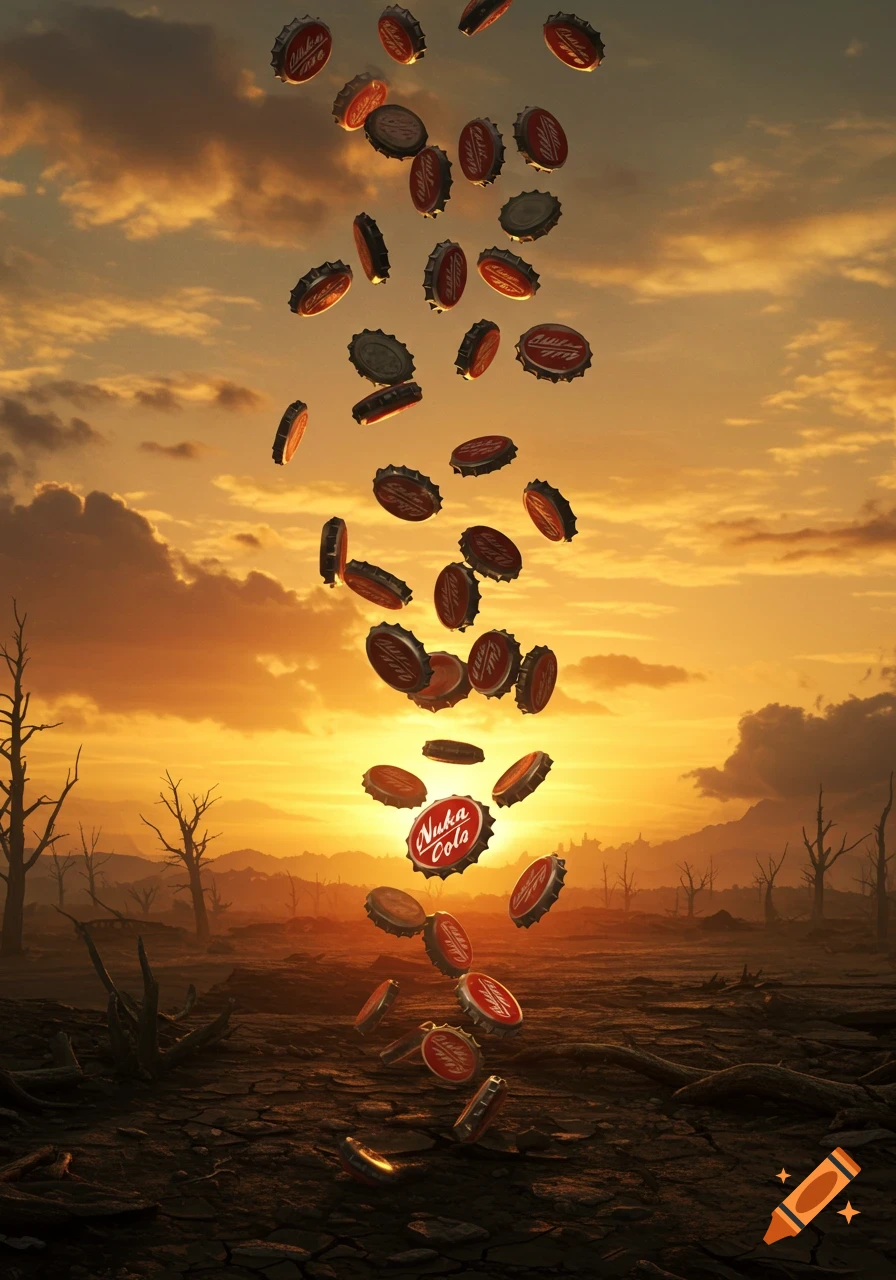 Nuka Cola bottle caps falling like rain over a desolate, post-apocalyptic wasteland at sunset.