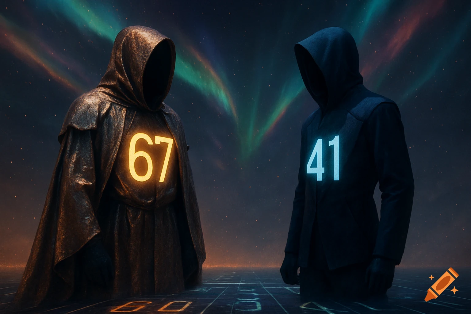 Two hooded figures stand facing each other under an aurora sky, one with a glowing orange '67' and the other with a glowing blue '41'.
