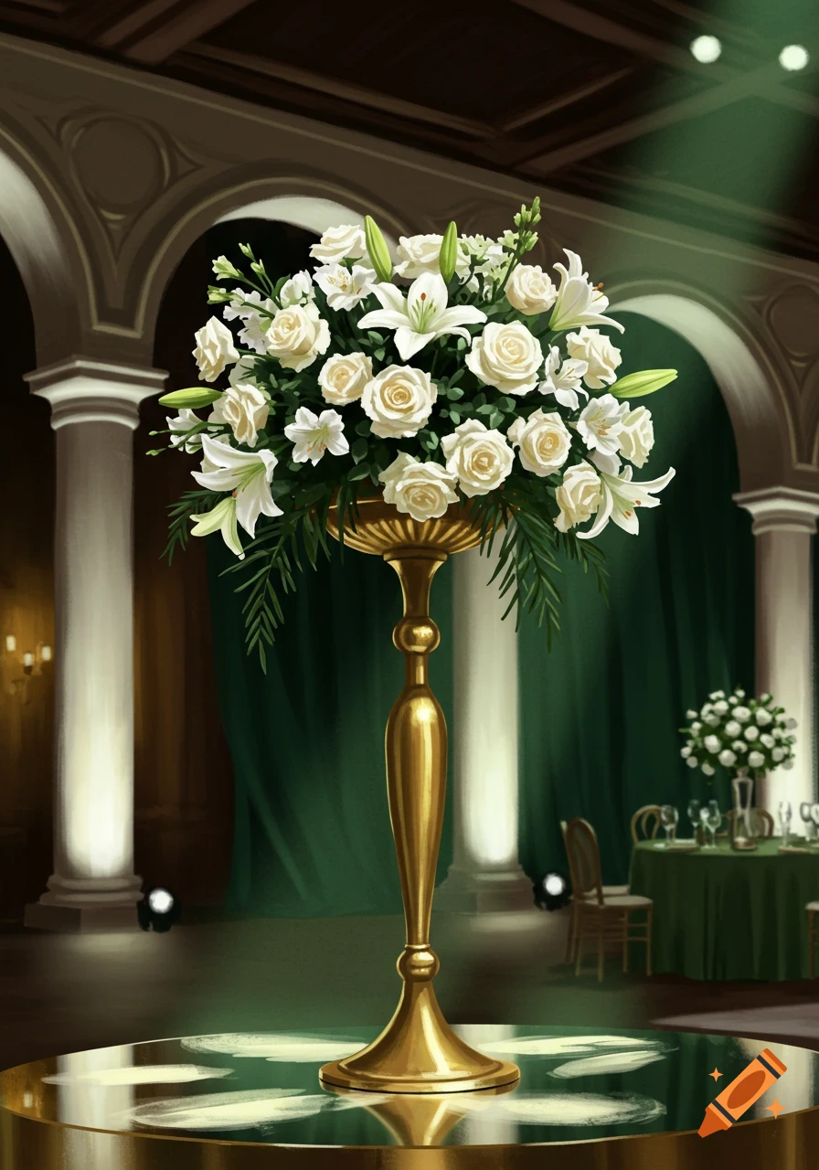 A white rose and lily floral arrangement on a gold stand in an elegant event hall with green drapes and arches.