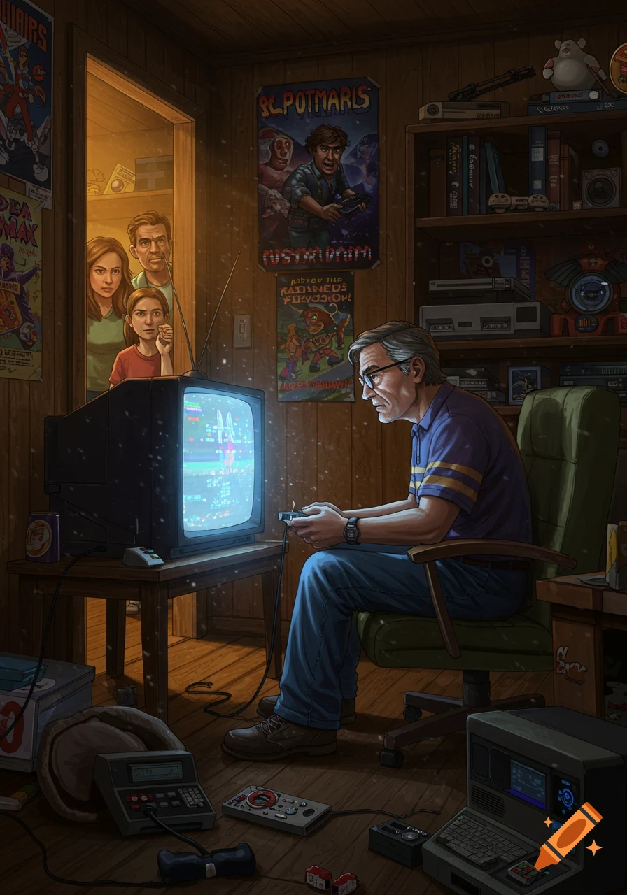 An illustration of a middle-aged man playing a retro video game on a CRT TV in a wood-paneled room, as his family looks on.