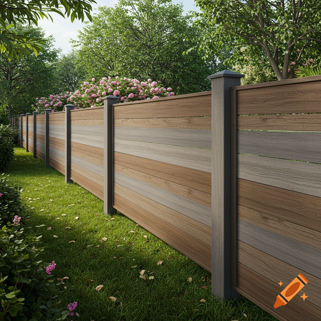Photorealistic image of a composite fence with brown and gray panels in a lush garden with green grass and pink flowers.