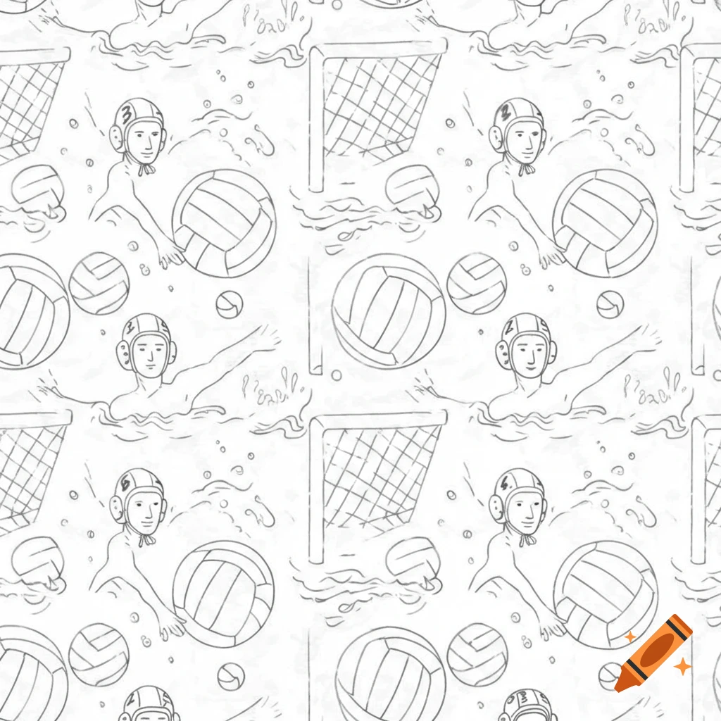 A seamless black and white line drawing pattern of water polo players, balls, and goals on a textured white background.