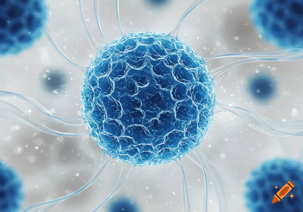 Microscopic view of a vibrant blue spherical cell or molecule with a textured surface and flowing tendrils, surrounded by blurred particles.