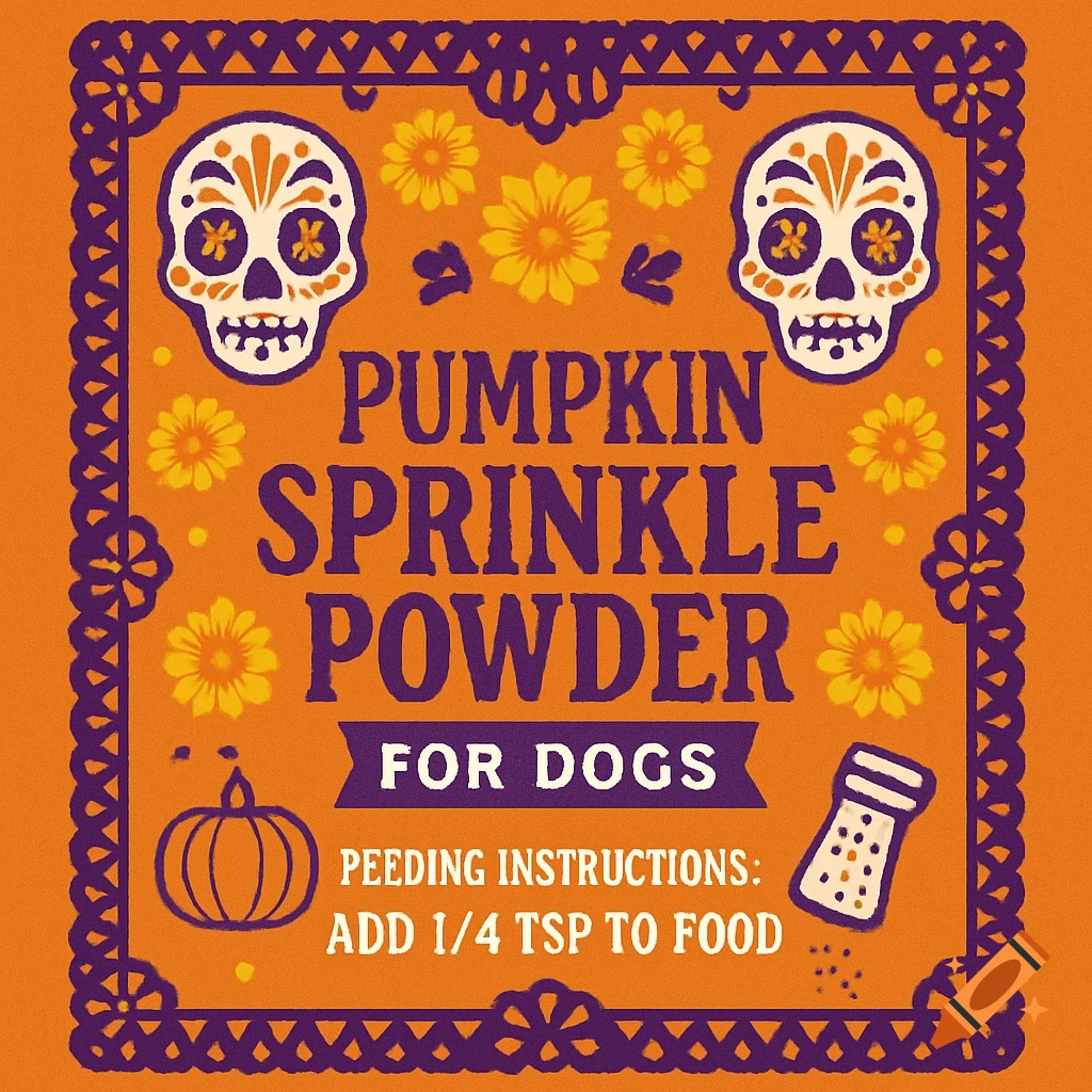 A Día de Muertos themed product label for Pumpkin Sprinkle Powder for Dogs, featuring sugar skulls, marigolds, and a pumpkin on an orange background.