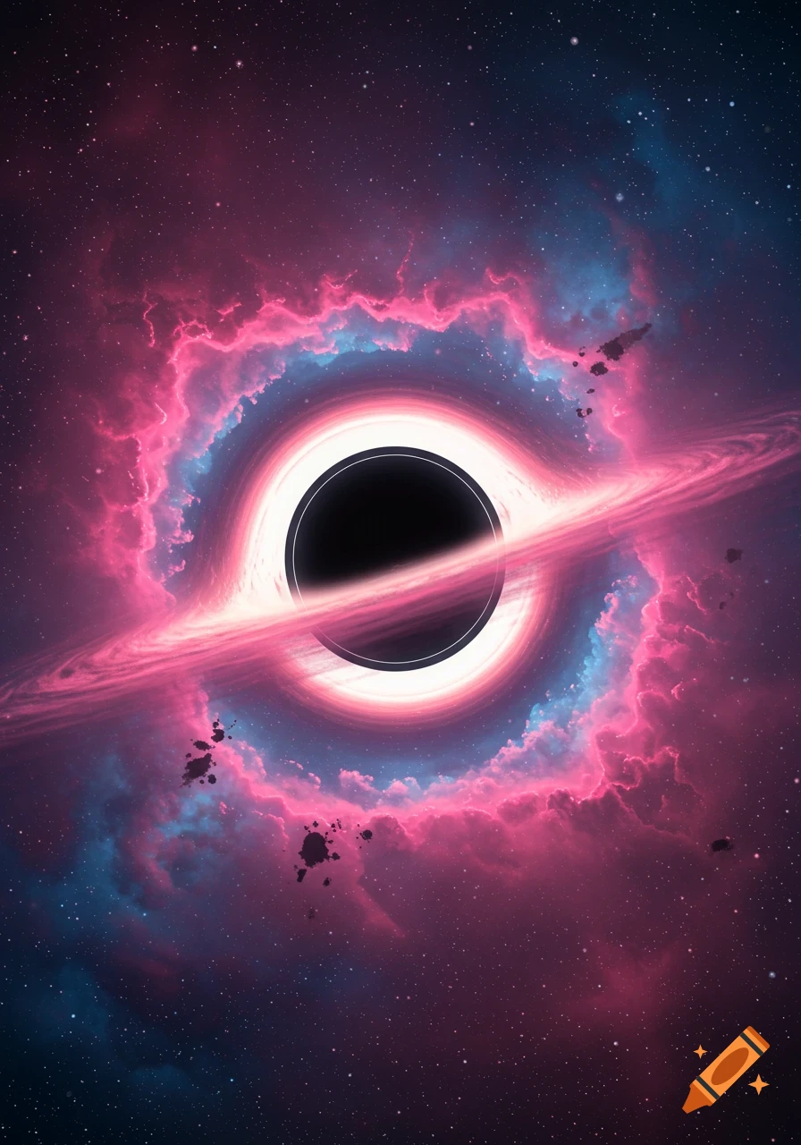 A vibrant illustration of a black hole with a glowing accretion disk and a pink and blue nebula in the background filled with stars.