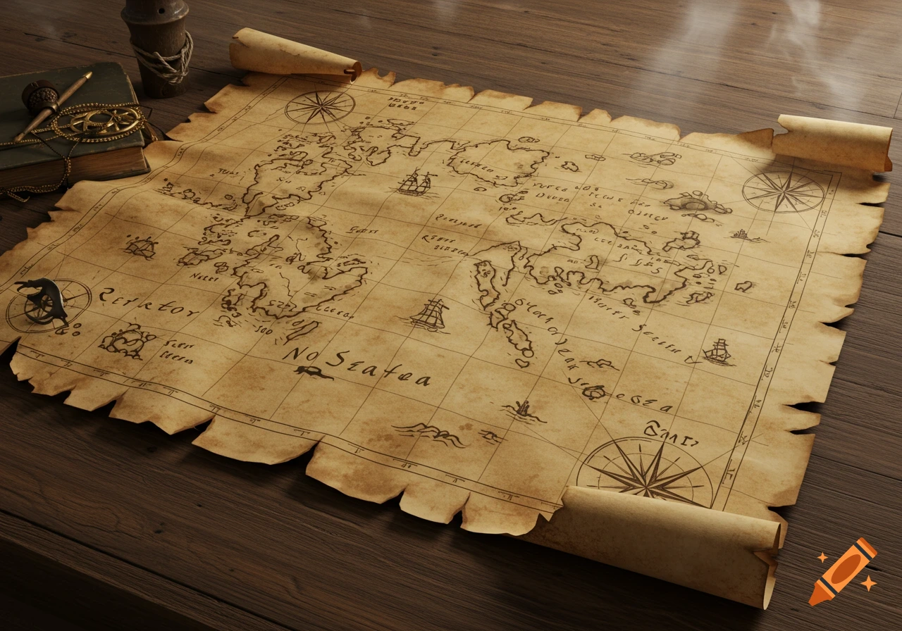 An antique pirate map with islands, ships, and compasses, lying on a wooden table next to a book and navigational tools.