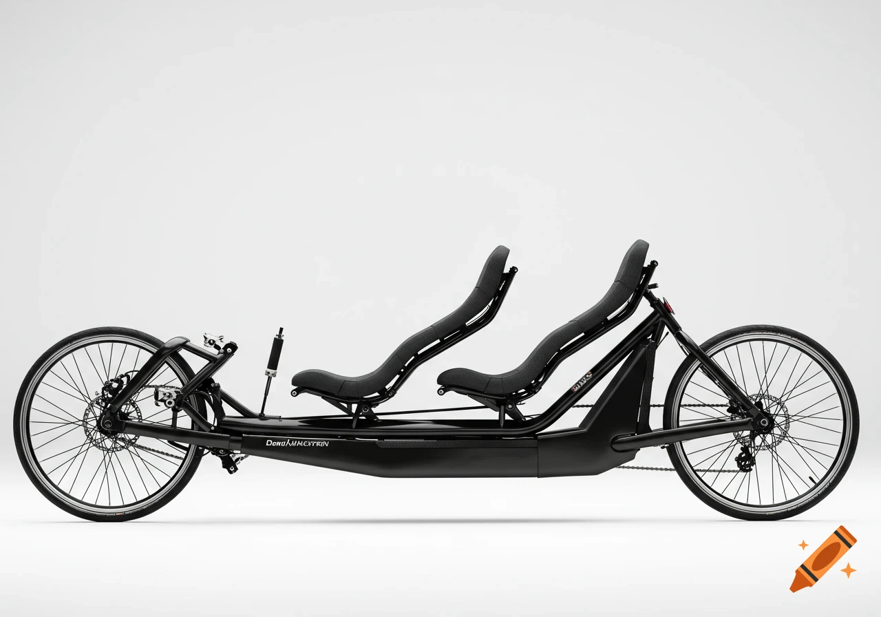 Sleek, photorealistic image of a black two-seater recumbent bicycle with ergonomic padded seats on a clean white background.
