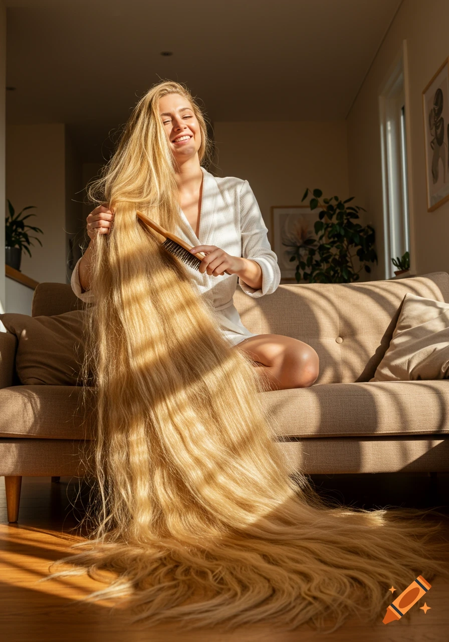 Photorealistic image of a happy woman brushing her incredibly long blonde hair while sitting on a couch in a sunlit living room.