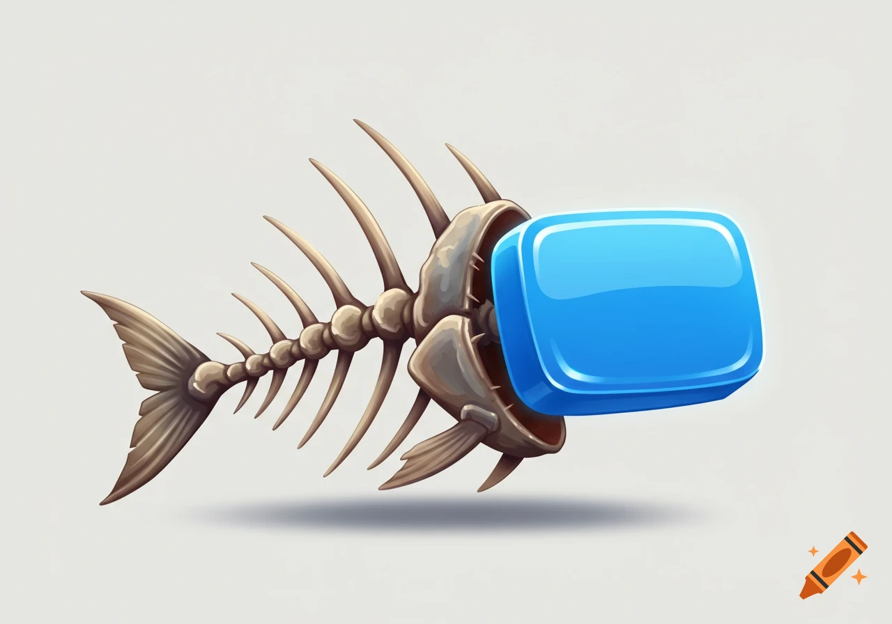 A cartoon fish skeleton with a shiny blue rectangular UI button where its head would be, against a plain light background.