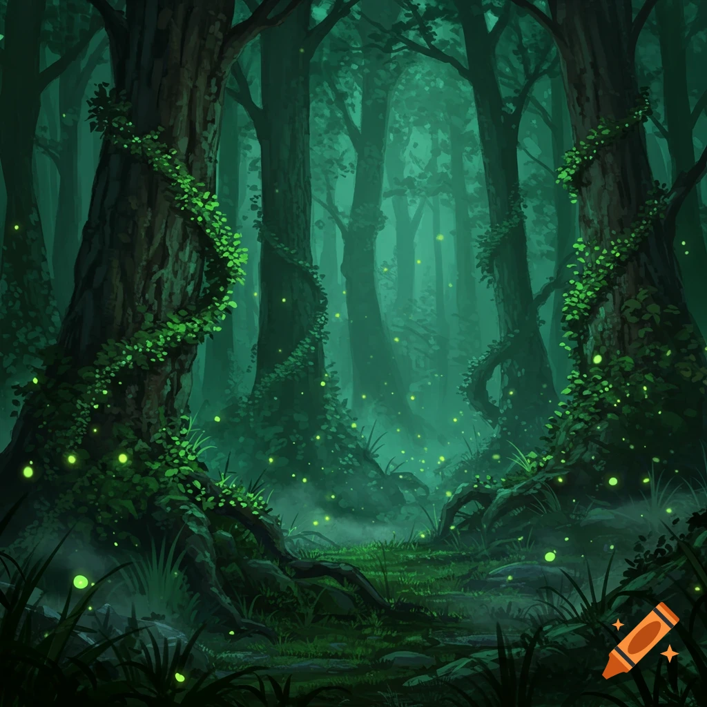 A dark, enchanted forest path at night, illuminated by glowing green fireflies or magical lights, with tall trees and thick foliage.