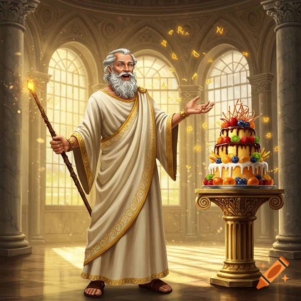 A grey-haired man in a white toga holds a glowing staff and gestures towards a multi-tiered fruit cake in a grand, sunlit Roman-style hall.