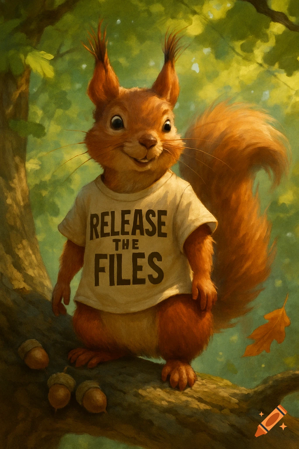 A cute, smiling squirrel wearing a white t-shirt that says 'RELEASE THE FILES' stands on a tree branch in a forest.
