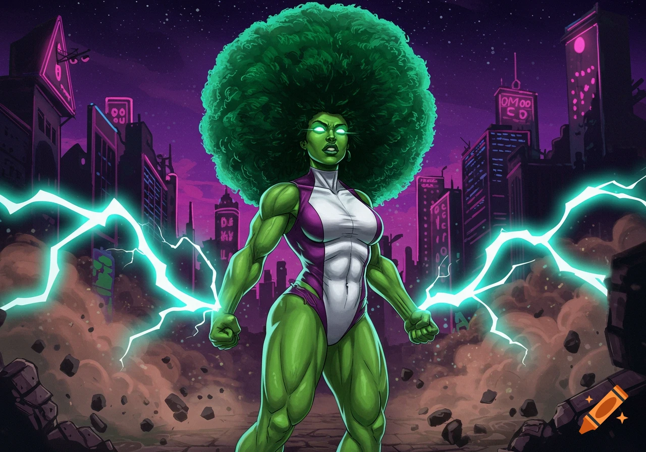 Muscular green She-Hulk with a massive afro and glowing eyes, generating electric power in a vibrant comic book style cityscape at night.