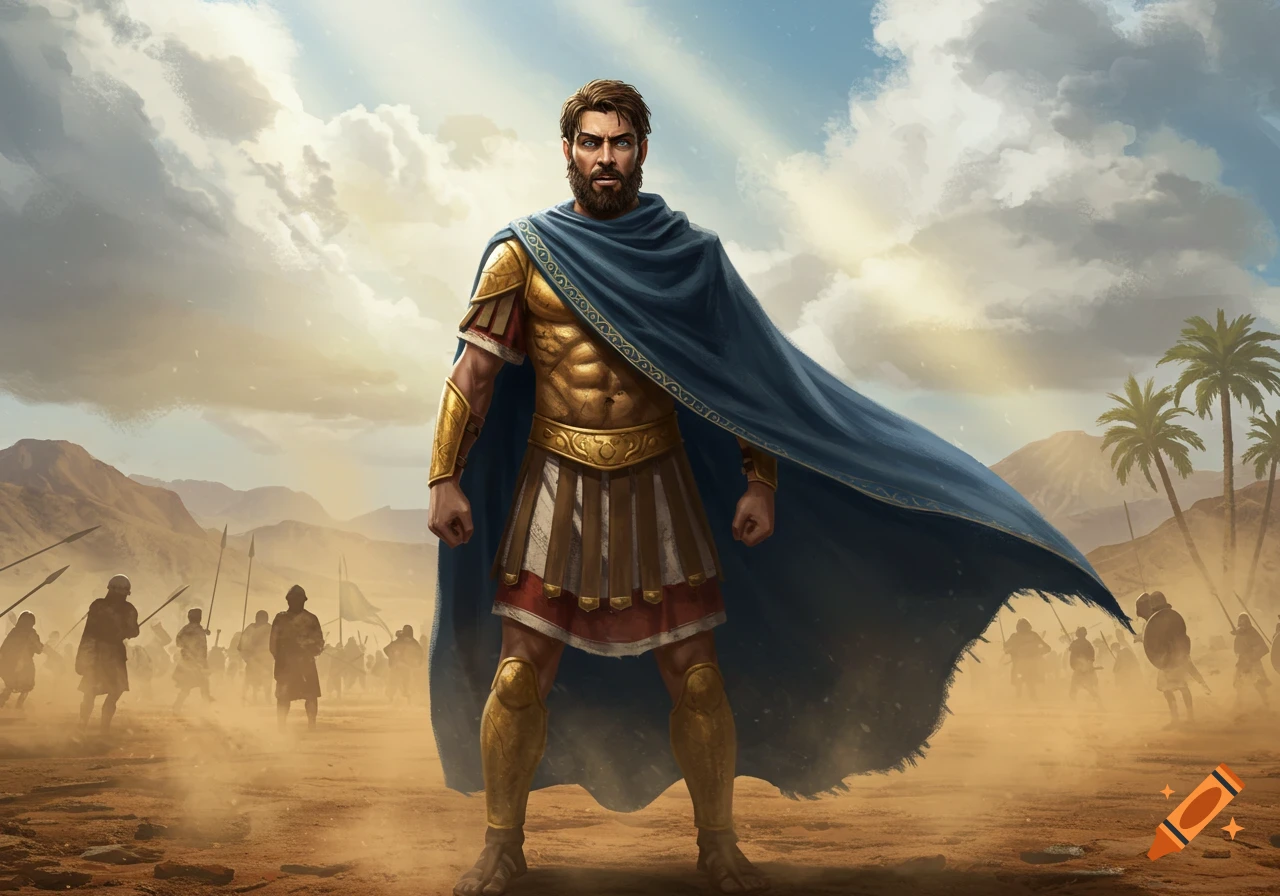 A powerful bearded warrior in golden armor and a blue cape stands in a desert with an army behind him, digital painting.