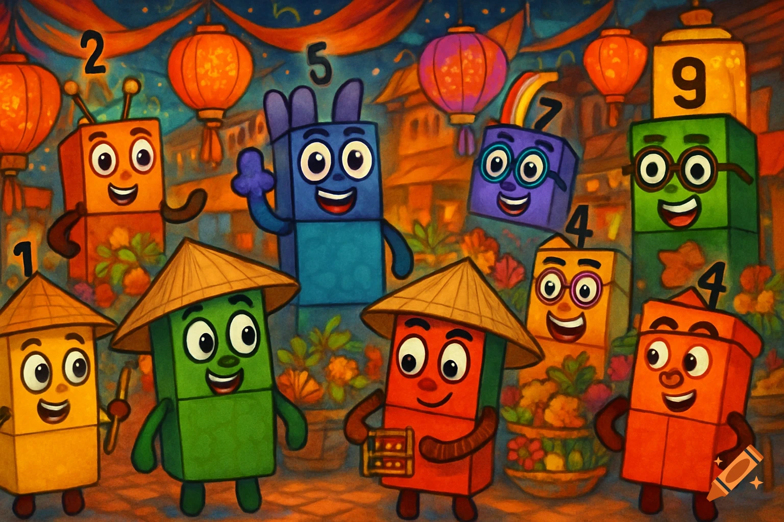 Cartoon characters resembling numbered blocks wear conical hats in a vibrant, festive Vietnamese street scene with lanterns.
