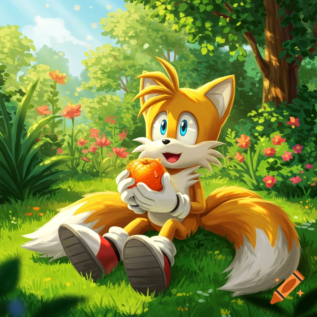 Tails, the yellow fox from Sonic, sits happily in a sunny green field with flowers, holding an orange, in a vibrant cartoon style.