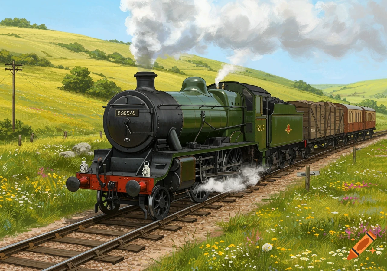 A green steam locomotive with goods wagons travels through a vibrant green, hilly countryside on a sunny day.