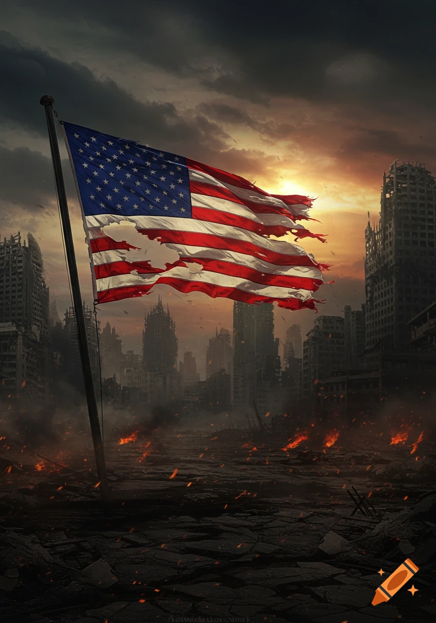 A tattered American flag flies against an orange sunset over a destroyed, apocalyptic city with fires.