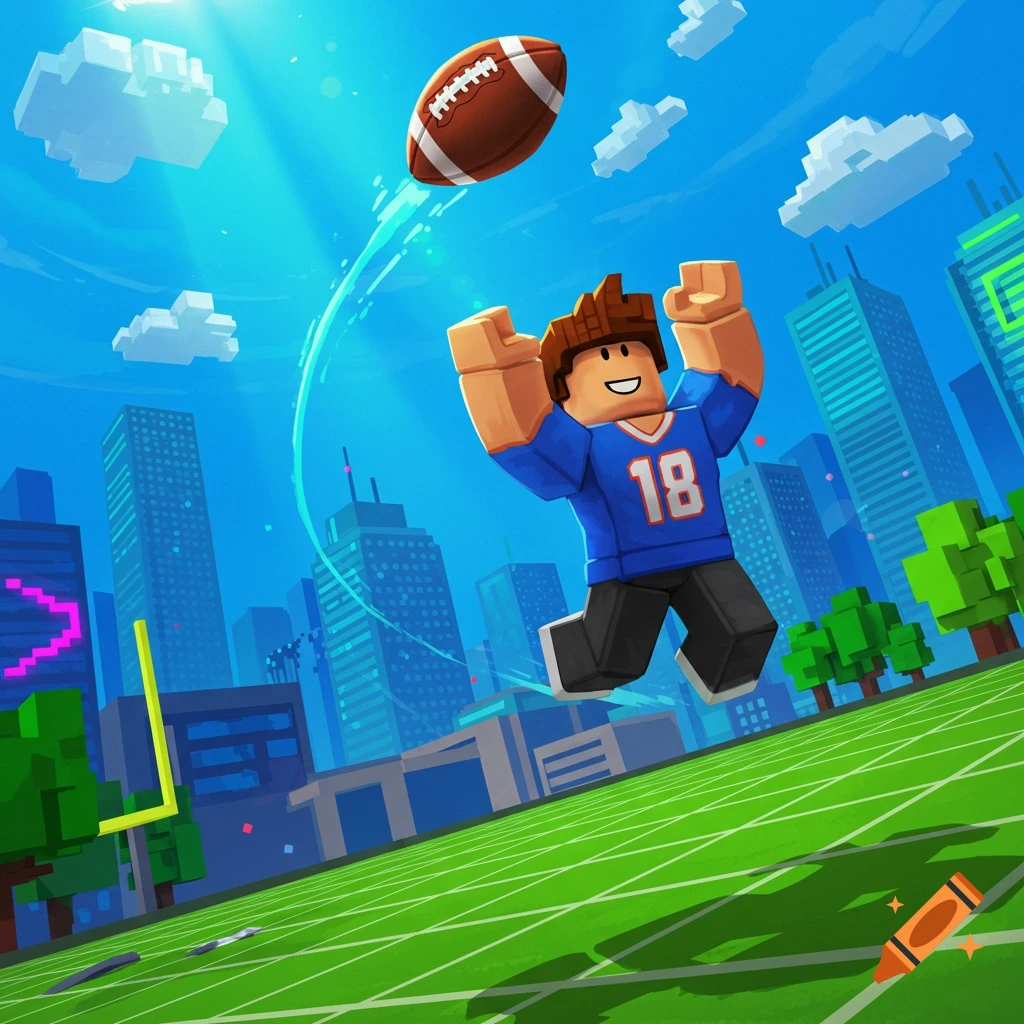 Blocky character in a blue football jersey with '18' jumps to catch a football over a green field and city skyline, Roblox style.